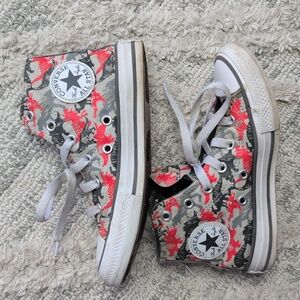 Converse High-Top Canvas Sneakers with Red & Gray Dinosaur Print